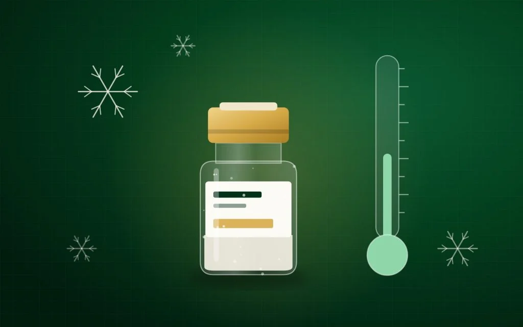 Illustration of a frosted lyophilised peptide vial beside a freezer thermometer and ice crystals