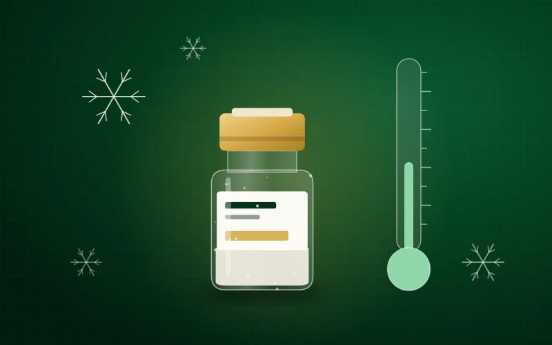 Illustration of a frosted lyophilised peptide vial beside a freezer thermometer and ice crystals