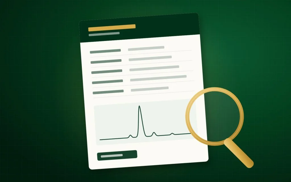 Illustration of a certificate of analysis with an HPLC chromatogram under a magnifying glass