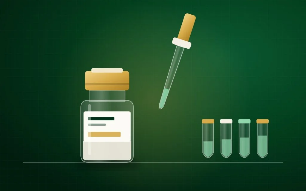 Illustration of a peptide vial, pipette and labelled aliquot tubes on a lab bench