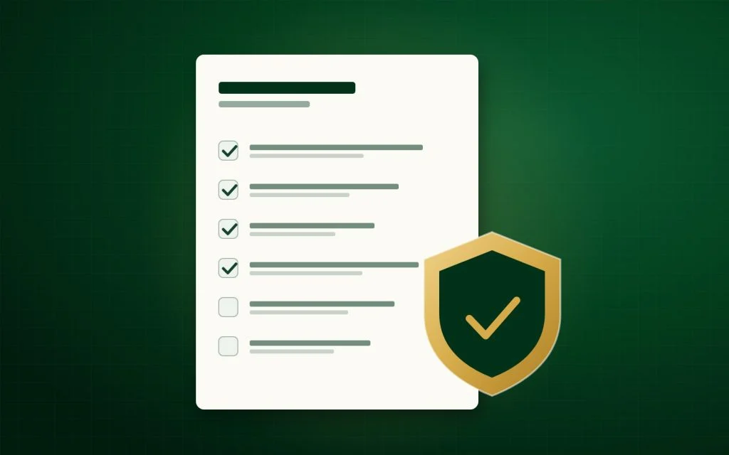 Illustration of a compliance checklist document with a shield and tick