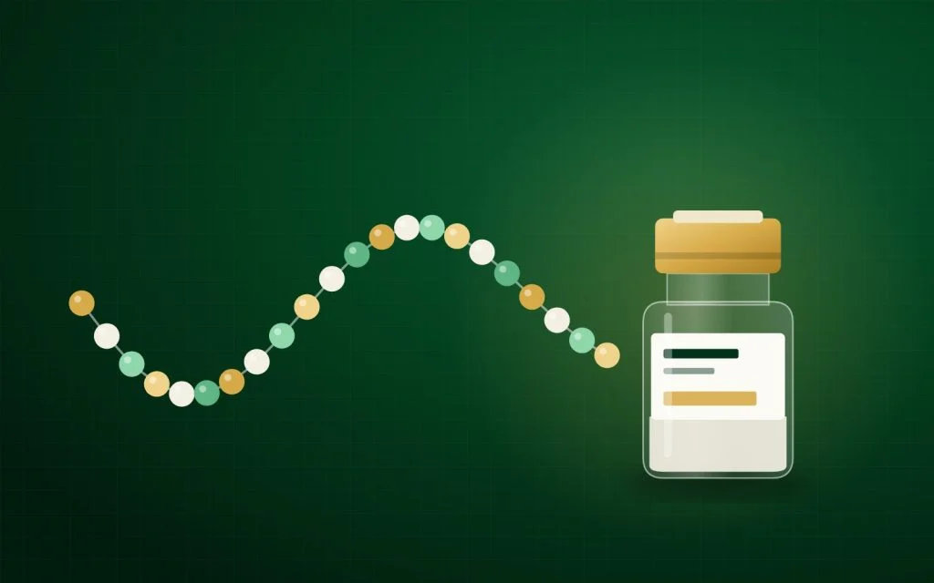 Illustration of a peptide chain of amino-acid residues leading into a lyophilised research vial