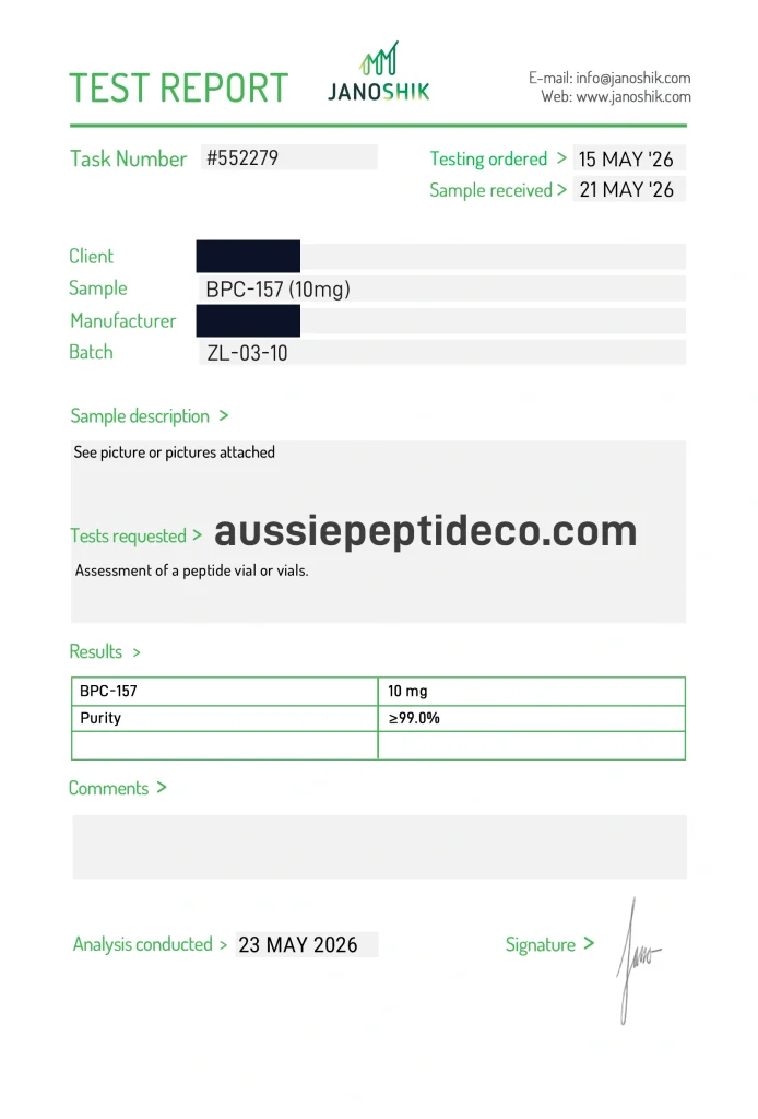 Janoshik Analytical Certificate of Analysis for BPC-157 10mg