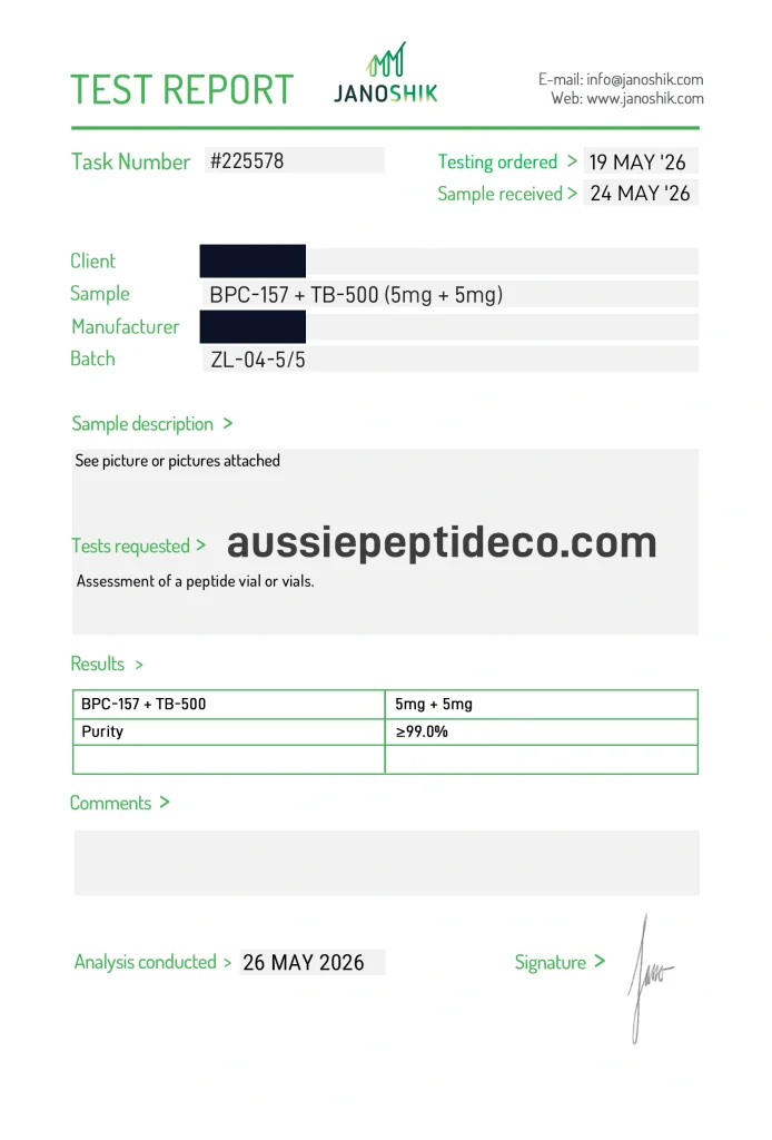 Janoshik Analytical Certificate of Analysis for BPC-157 + TB-500 10mg