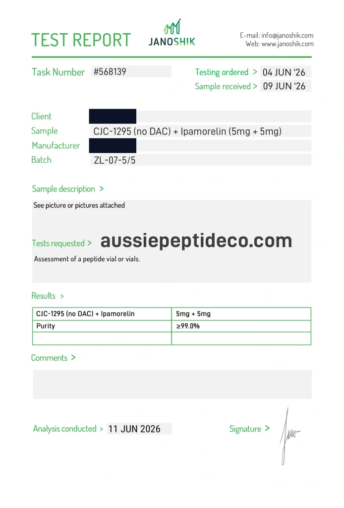 Janoshik Analytical Certificate of Analysis for CJC-1295 No DAC + Ipamorelin 10mg