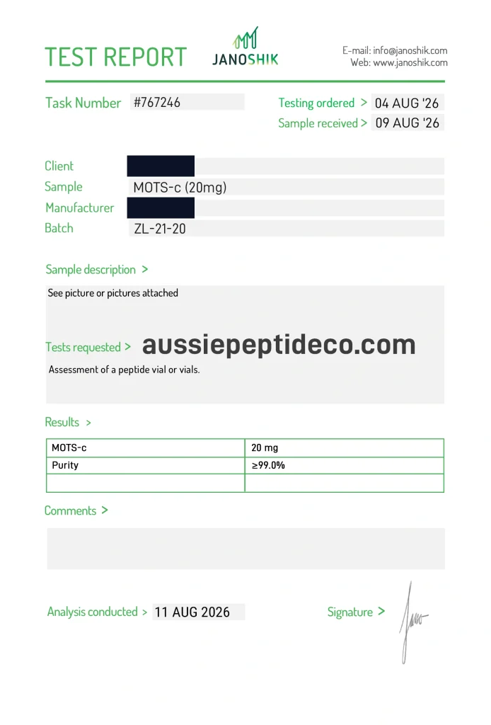 Janoshik Analytical Certificate of Analysis for MOTS-c 20mg