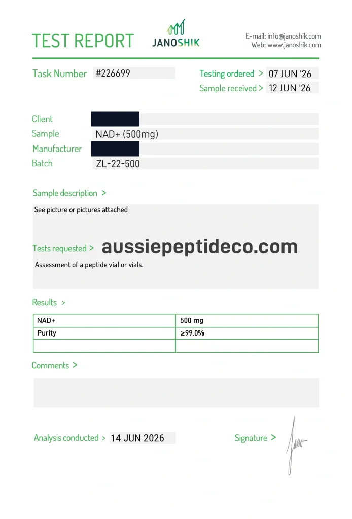 Janoshik Analytical Certificate of Analysis for NAD+ 500mg