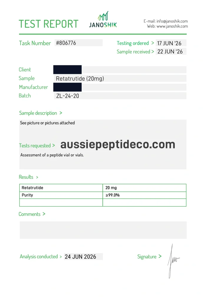 Janoshik Analytical Certificate of Analysis for Retatrutide 20mg