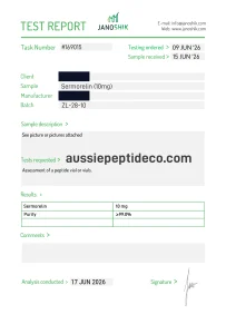 Janoshik Analytical Certificate of Analysis for Sermorelin 10mg
