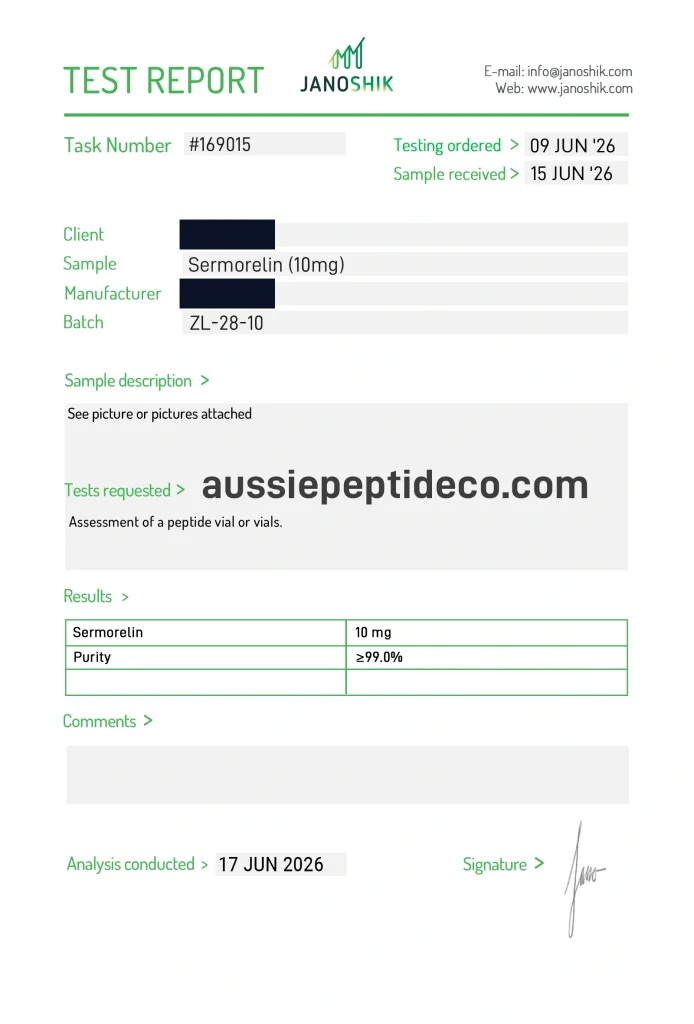 Janoshik Analytical Certificate of Analysis for Sermorelin 10mg